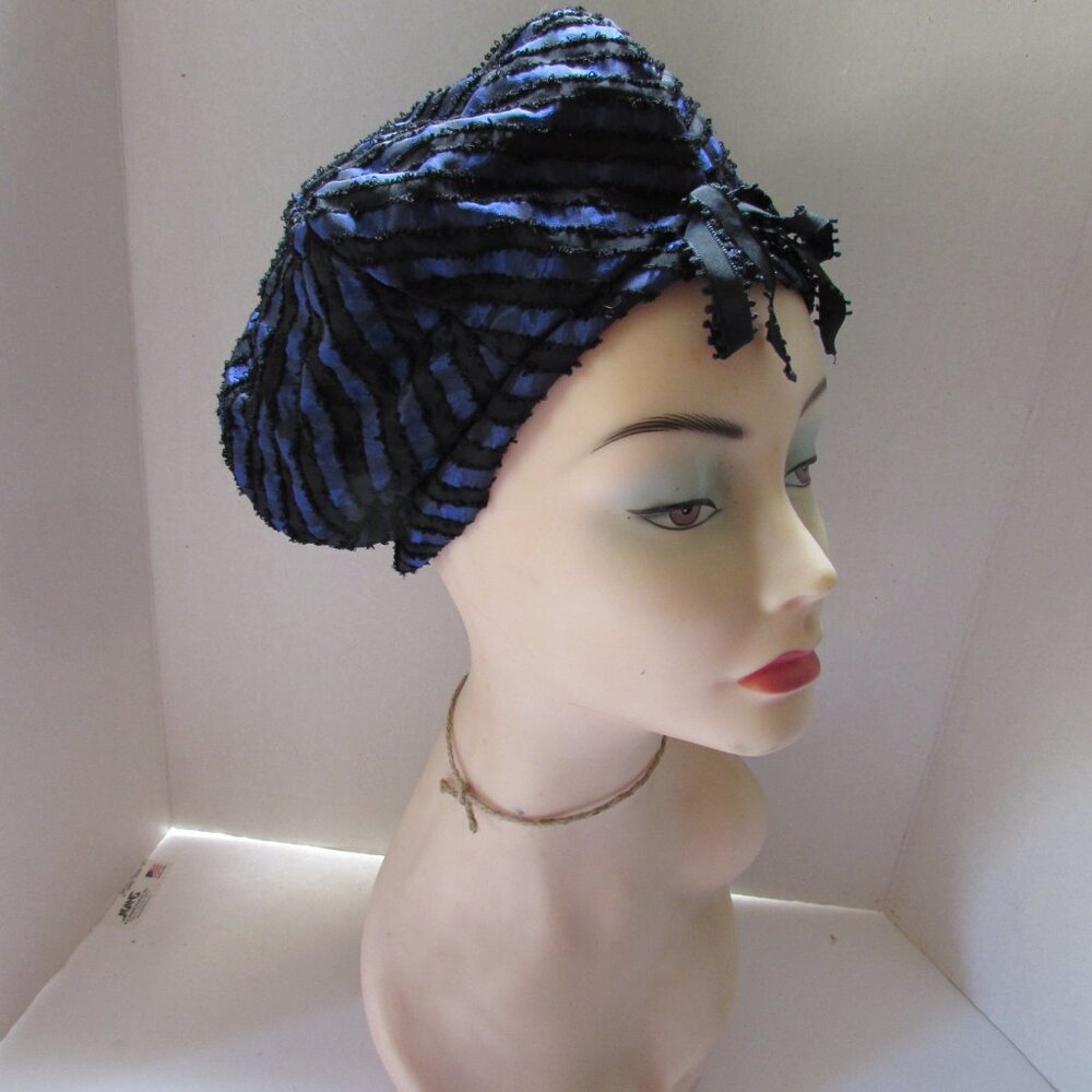 SALE Vintage Mid Century Design Bouffant Hat Cobalt Blue Black